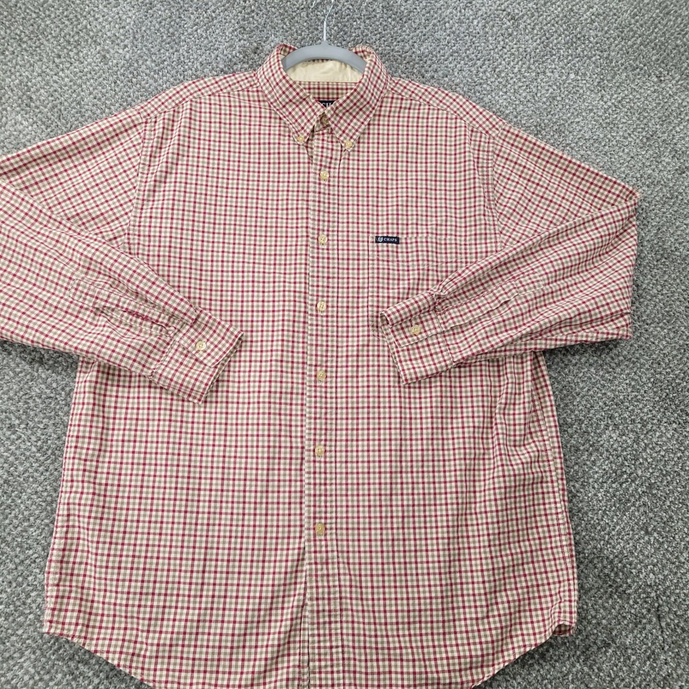Vintage Chaps Mens Large Red Tan Gingham Button Down Long Sleeve Cotton‎ Shirt